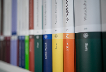 bookshelf with Steiner books in angled view