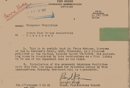 Franz Steiner is allowed by telegram to establish a publishing house in the American occupation zone